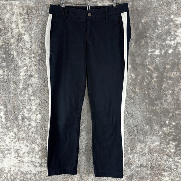 J Crew Sz 6 Stretch Casual Flat Front Stripe Chino Pants Navy Button Zip Pocket - Picture 1 of 11